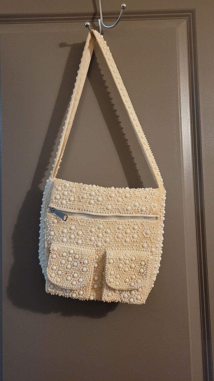 Beaded Cargo Shoulder Bag Cream Faux Pearl Vintage Y2K Maximalist Project Bag